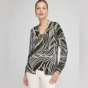 Chico’s Cardigan Open Front Sweater Leaves Print SZ 2 US L Long Sleeve Green